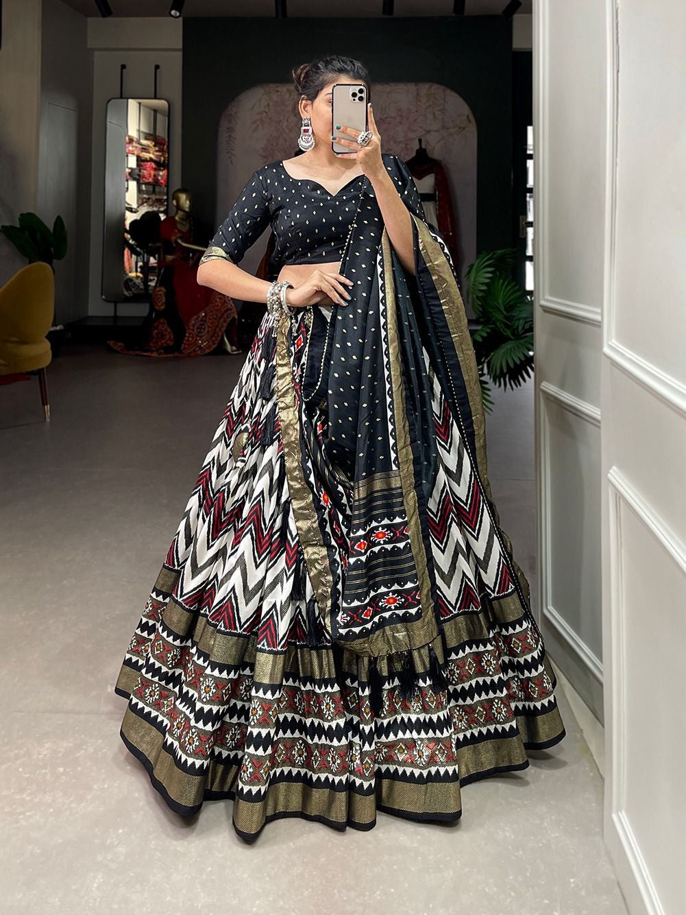 Tussar silk lehengas chevron leheriya style (skirt stitched) - black