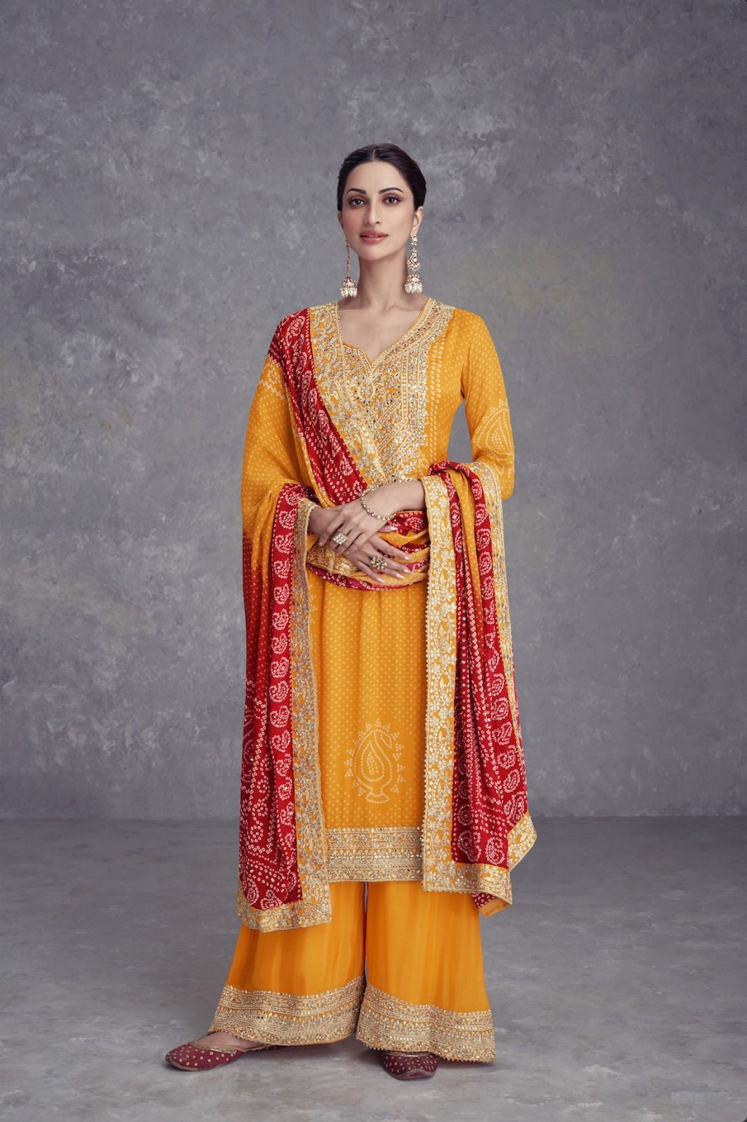 Embroidered chinon Bandhani print salwaar kameez in yellow