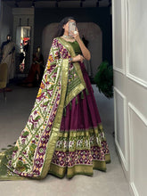 Tussar silk lehengas with patola print (skirt stitched) - wine and green