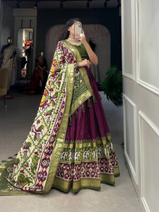 Tussar silk lehengas with patola print (skirt stitched) - wine and green