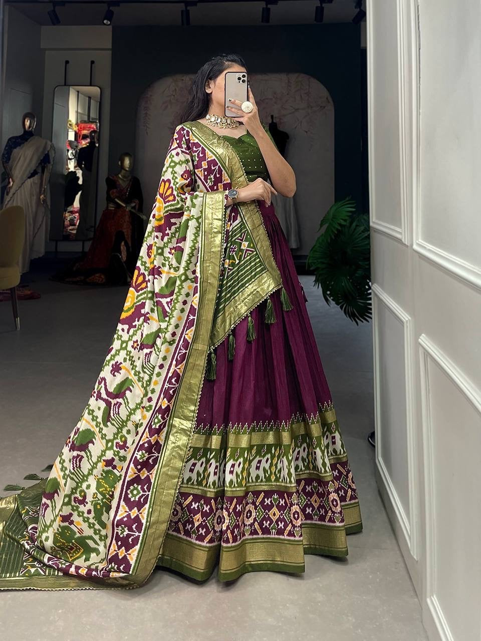 Tussar silk lehengas with patola print (skirt stitched) - wine and green