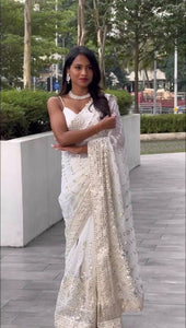 Georgette saree with sequins embroidery in white