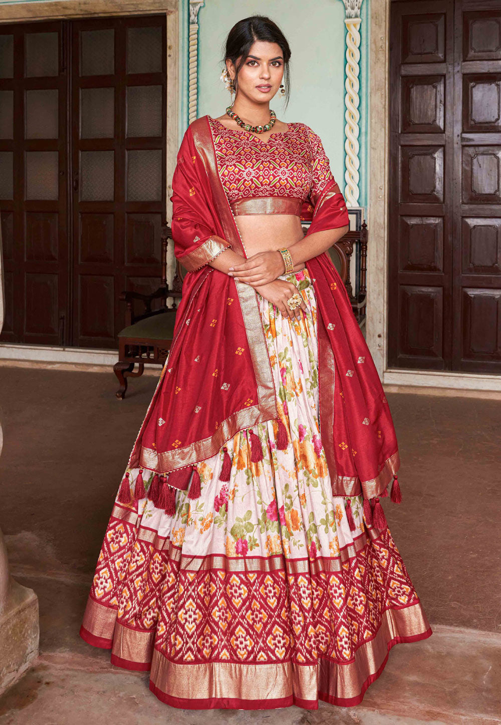 Tussar silk floral Lehenga in red