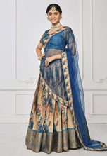 Beige and baby blue  peacock print silk timeless ethnic Lehenga