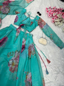 Aqua blue floral printed readymade Lehenga