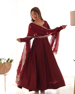 Maroon Roman silk anarkali set readymade
