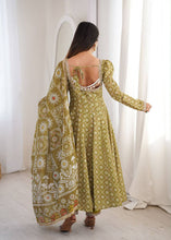 Olive green printed muslin silk Anarkali