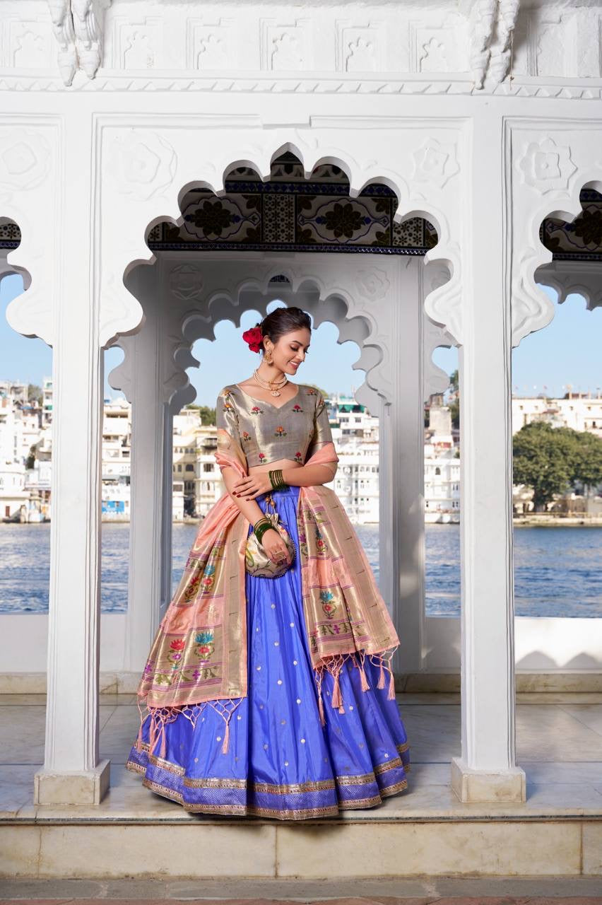 Jacquard silk Lehenga in blue(skirt stitched)