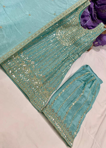 Pastel collection - Aqua blue chine sequins mirror look embroidered sharara set (plus size)