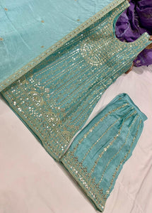 Pastel collection - Aqua blue chine sequins mirror look embroidered sharara set (plus size)