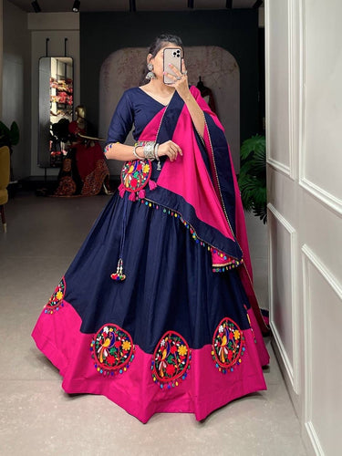 Navy blue and pink gamthi work pure cotton readymade Lehenga