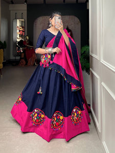 Navy blue and pink gamthi work pure cotton readymade Lehenga