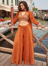 Rust jacquard silk embroidered palazzo set
