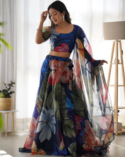 Tabby silk blue organza printed Lehenga