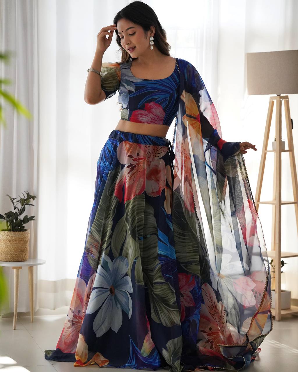 Tabby silk blue organza printed Lehenga