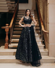 Black silk partywear mirror work Lehenga