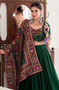 Tussar silk Lehenga with gamthi work readymade in bottle green