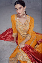 Embroidered chinon Bandhani print salwaar kameez in yellow