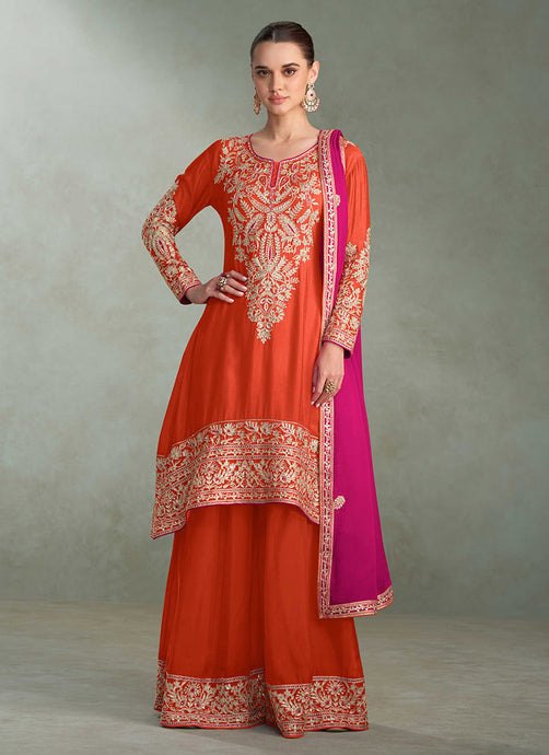 Orange and pink chinon embroidered palazzo suit