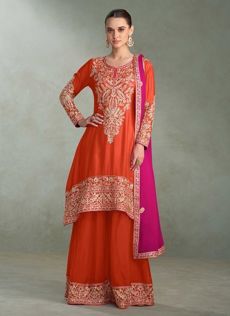Orange and pink chinon embroidered palazzo suit