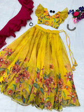 Yellow printed mirror work readymade Lehenga