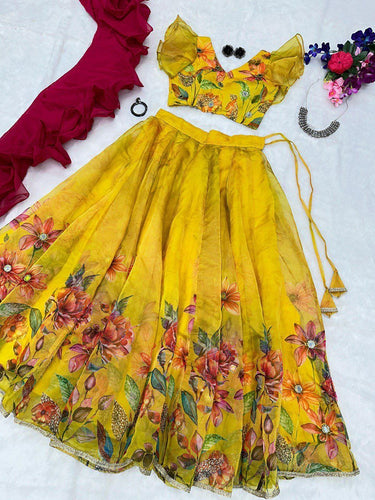 Yellow printed mirror work readymade Lehenga