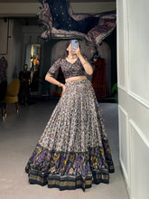 Tussar silk floral print contemporary Lehenga in black (skirt stitched)