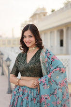 Blue floral printed Russian silk Lehenga (skirt stitched)