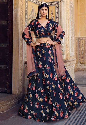 Navy blue floral silk Lehenga (skirt stitched)