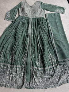 Sage green front slit anarkali