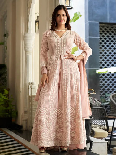 Light pink Georgette front slit palazzo suit
