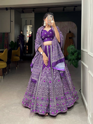 Purple printed silk bandhani print Lehenga