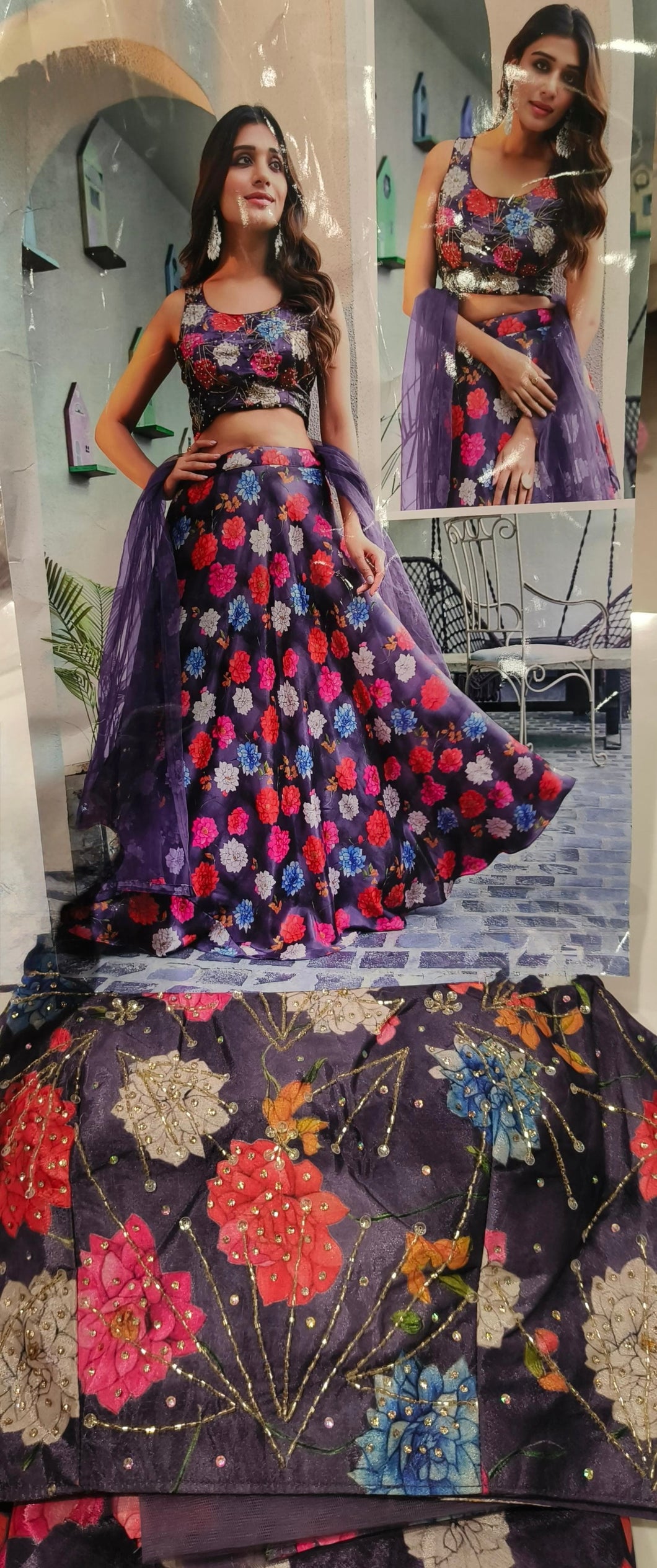 Boutique collection - deep purple floral chinon silk Lehenga