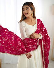 Silk off white gown with dark pink lace dupatta