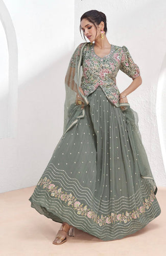 Sage grey long top Lehenga Indo western style readymade (UK 10-18)