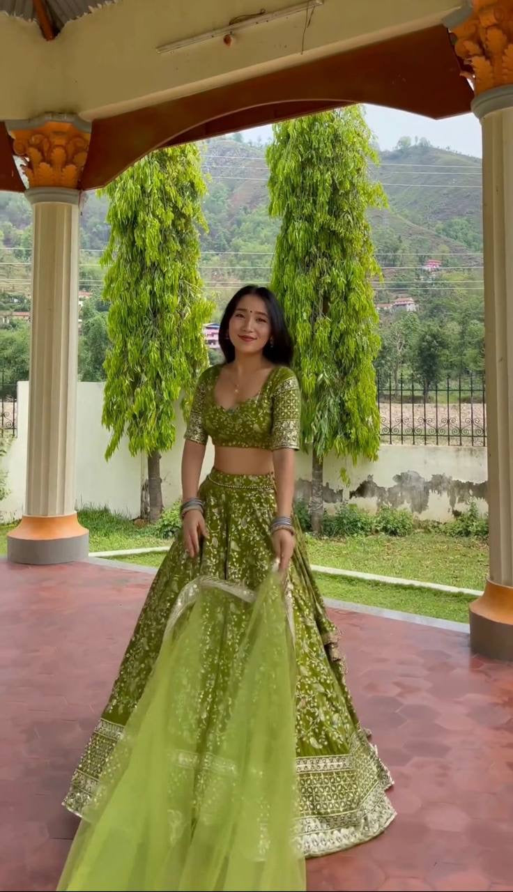Green and gold floral sequins Lehenga (blouse stitched)