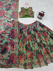 Floral shaded organza silk lehenga in green