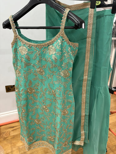 Sea green sharara with gold floral detailing