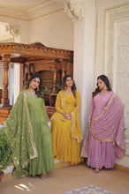 Pastel 5 layer gowns with sequinned dupatta in parrot green