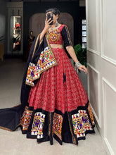 Red printed gamthi work cotton readymade Lehenga