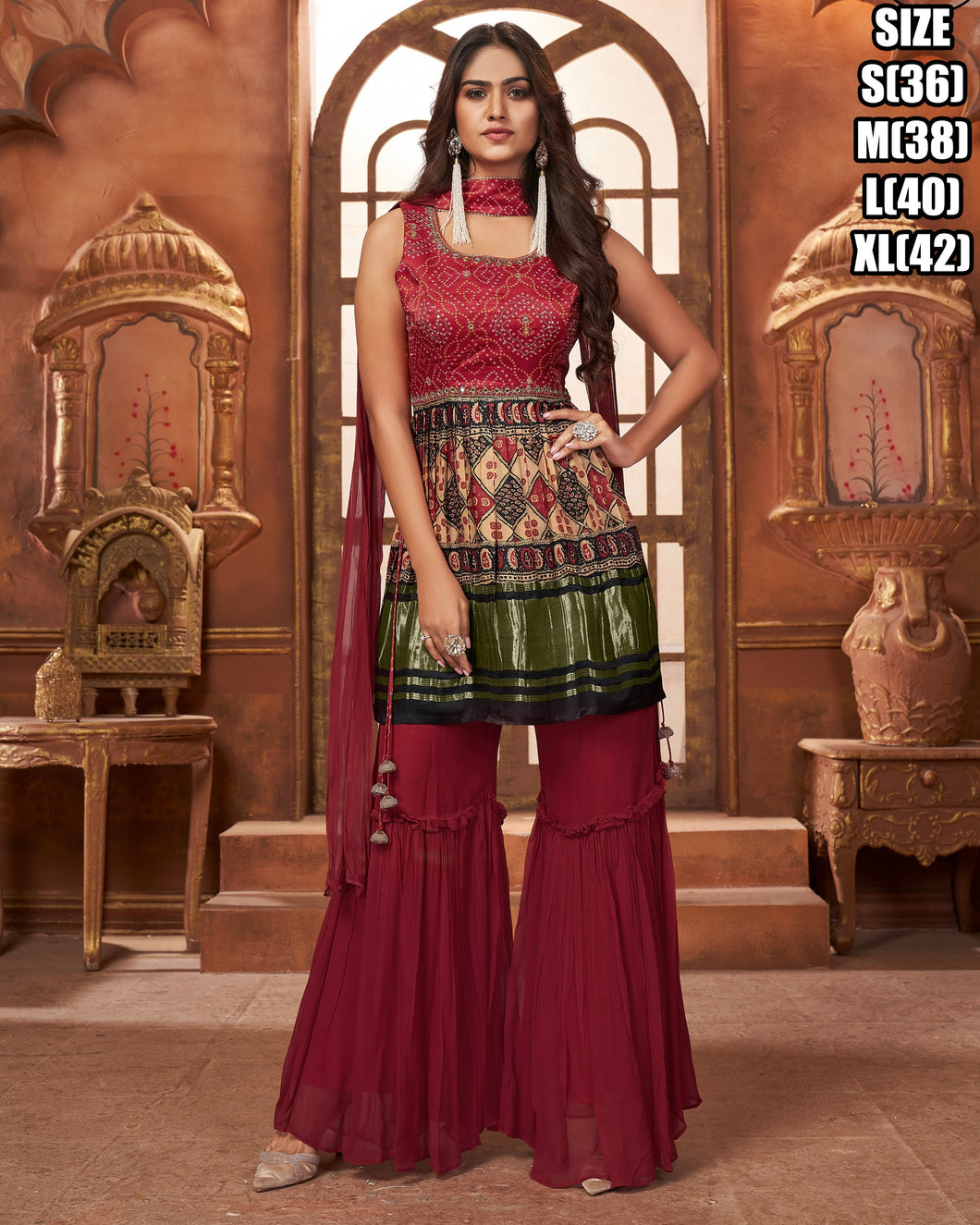 Peplum and bandhej print shararas readymade