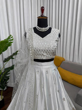 Silver satin silk thread work sequins Lehenga