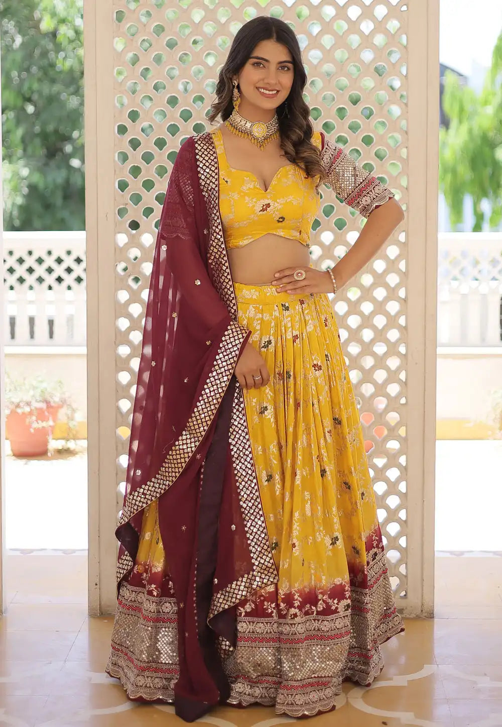 Viscose jacquard lehenga with 2D in yellow