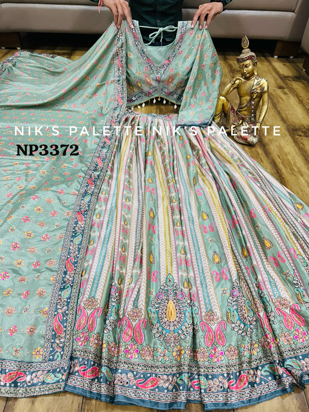 Niks collection - Pastel sage crepe silk printed lehengal