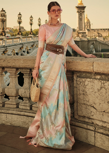 Multicoloured pastel rangkat silk saree in peach