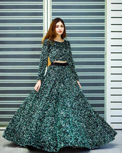 Bottle green velvet sequinned Lehenga