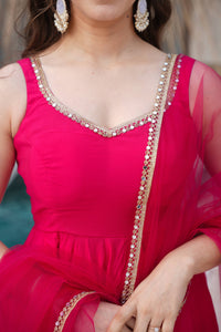 Roman chanderi silk anarkali set in Rani pink (sleeves available)