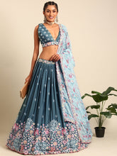 Blue chinon Lehenga with sky blue floral dupatta