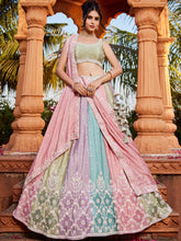 Pink chinnon multicoloured panelled Lehenga