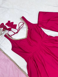 Roman chanderi silk anarkali set in Rani pink (sleeves available)